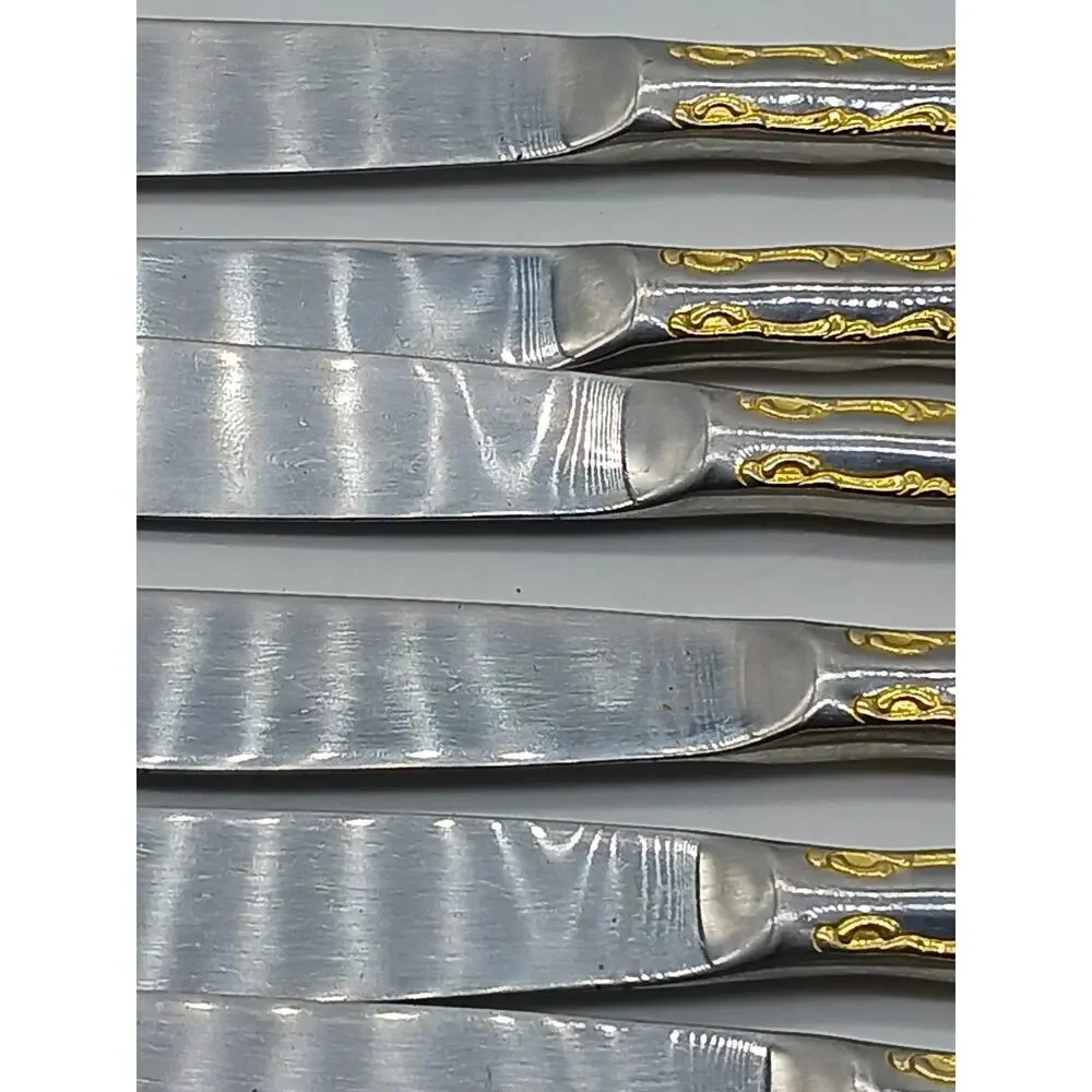 6 Modern Solid Dinner Knifes Rose Cascade Towle Supreme 18/8 Gold Accent Discont